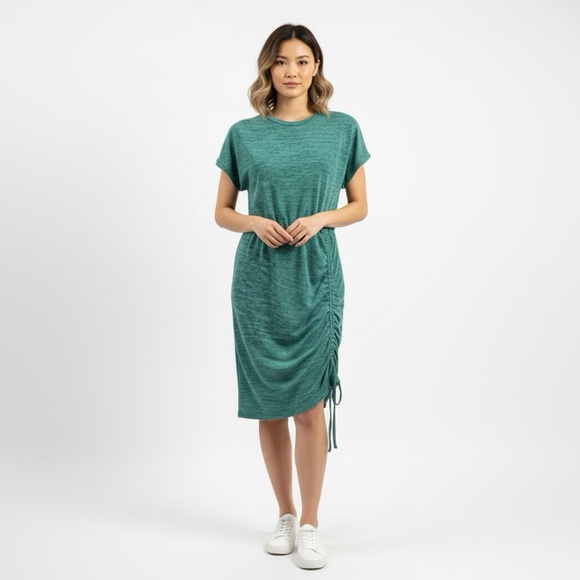 Cupshe Dresses & Skirts - Teal Gathered Midi Dress Ruched Side Short Sleeve Soft Touch Oversized Small